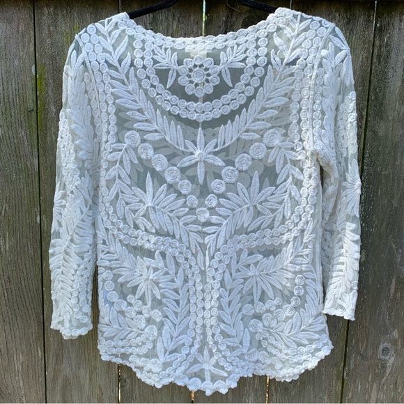 ANTHROPOLOGIE MEADOW RUE Ivory Crochet 3/4 sleeve scoop neck embroidered top - Picture 9 of 16